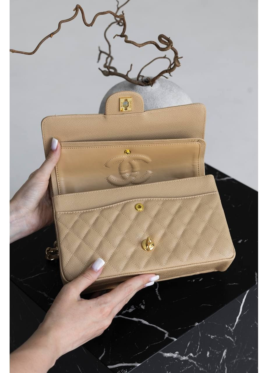 Шкіряна жіноча сумка класична Chanel Classic 2.55 Medium Double Flap in Beige/Gold бежева No Brand (369653491)