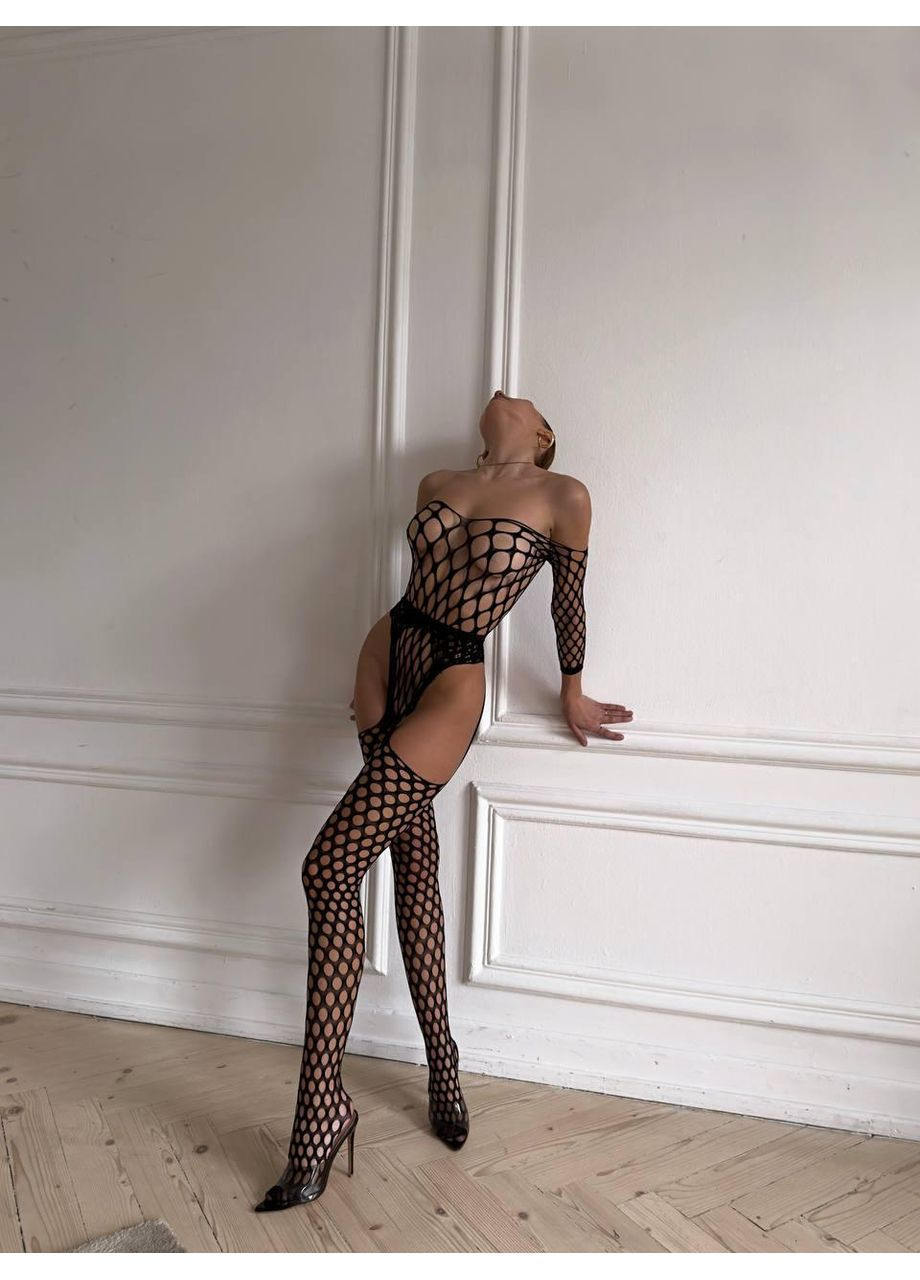Боди-сетка черное с большими отверстиями и открытыми плечами / Эротическое боди черное сетчатое с эффектом чулок No Brand (366571607)