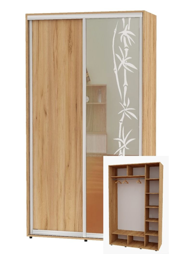 Шкаф-купе двухдверный 160*60*230 Дуб крафт золотой ДСП/Зеркало с пескоструйным рисунком Алекса (360443153)