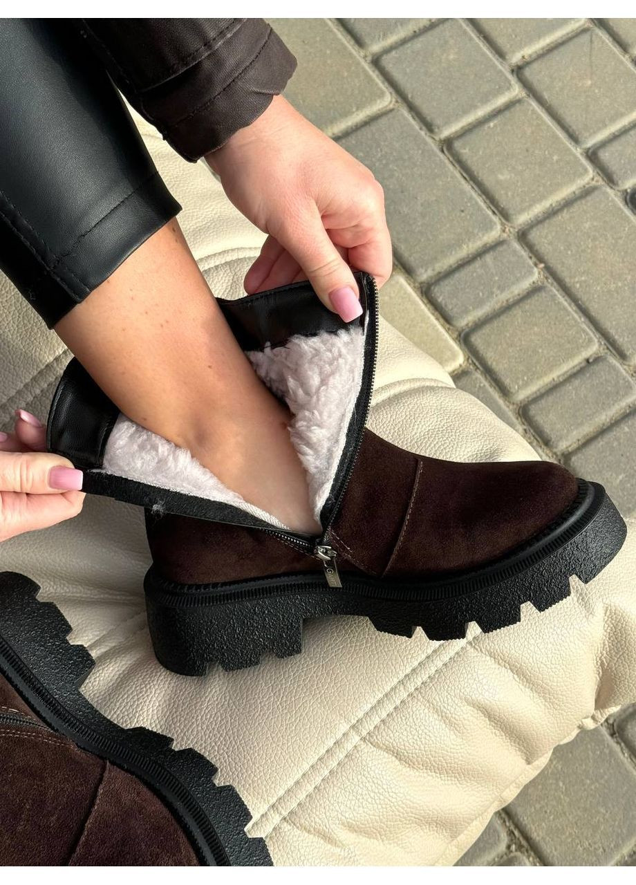 Жіночі зимові черевики з натуральної замші Rosta, шоколадні, на масивній підошві No Brand (365755998)