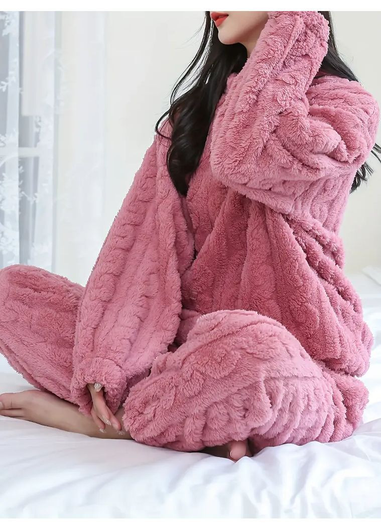 Розовая зимняя теплая махровая женская пижама размер l, домашний зимний костюм NA