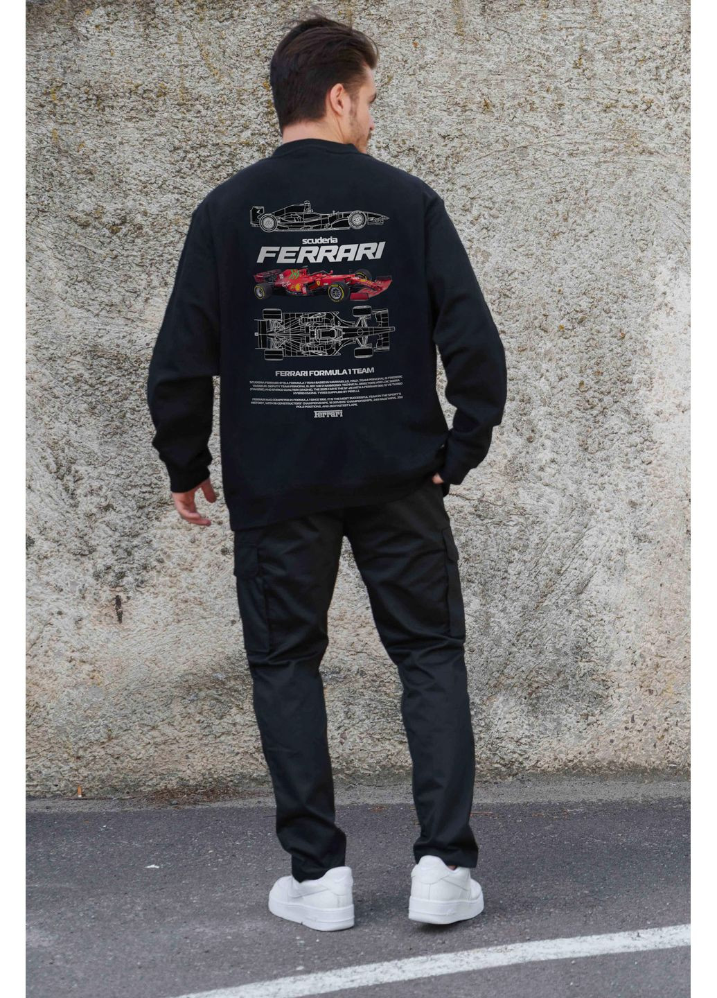 Чорний чоловічий утеплений оверсайз світшот на флісі з принтом ferrari Without однотонний без декору (361057471)