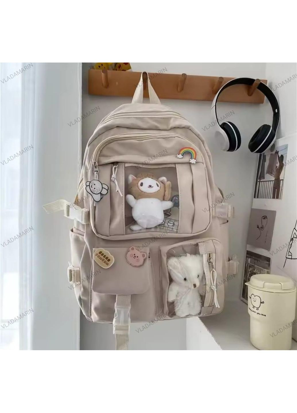 Рюкзак для школьников и подростков с прозрачными карманами, значками и мягкой игрушкой No Brand (366547204)