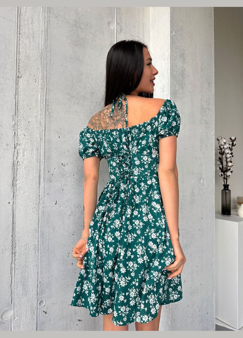 Зеленое повседневный, праздничный, вечернее платье с корсетом из натуральной ткани No Brand с цветочным принтом