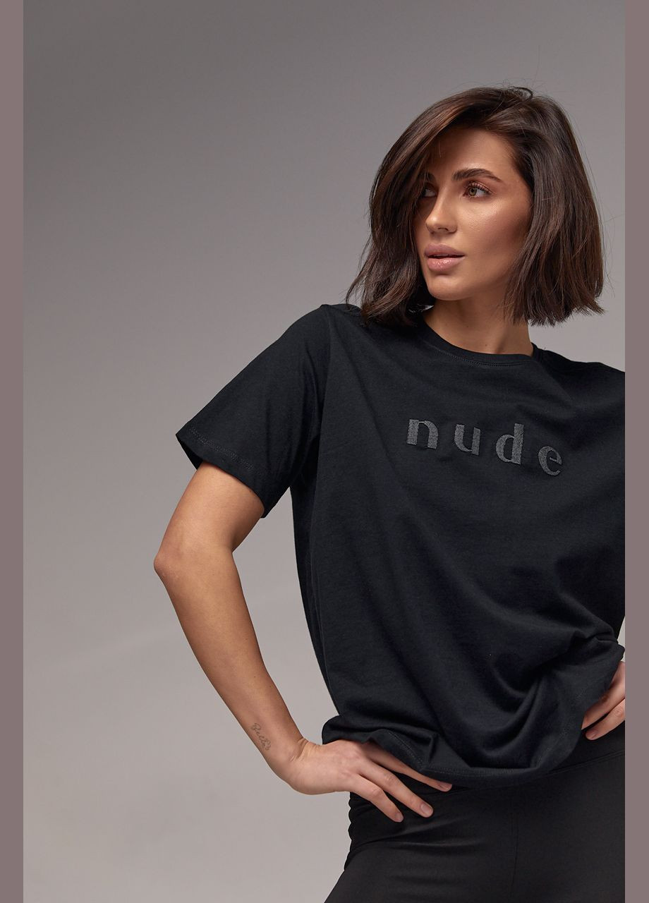 Жіноча футболка з вишитим написом Nude - чорний Lurex - (278400658)
