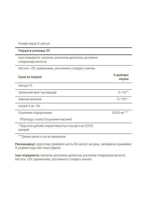 Порошок из шелухи подорожника (псилиум) Psyllium Husks 500 мг 200 капс. No Brand (348138711)