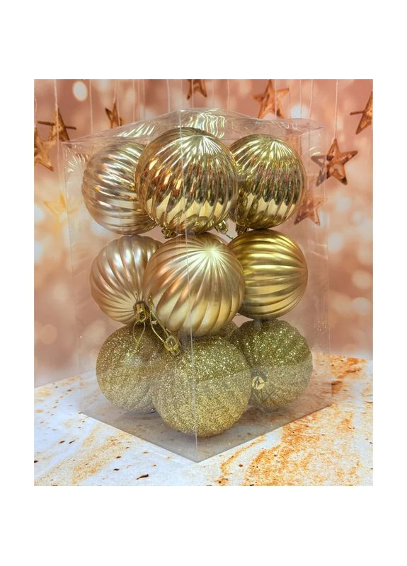 Набор елочных игрушек Рельеф пластиковых круглых 12 шт 8 см Золотой No Brand (362666614)
