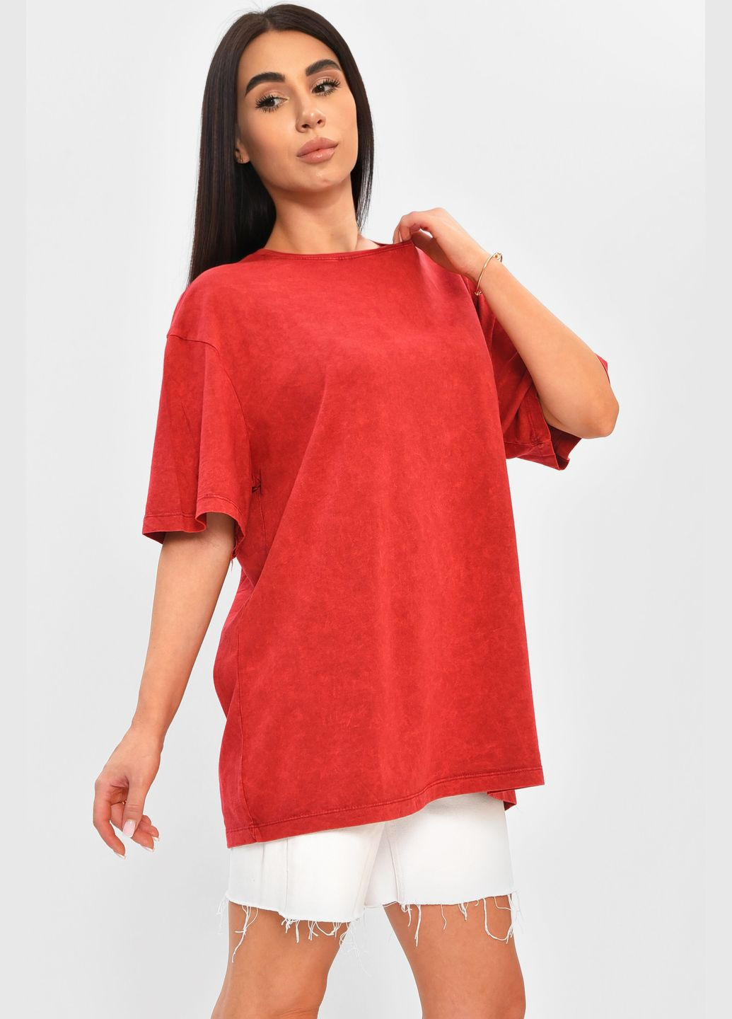 Футболка жіноча однотонна червоного кольору Let's Shop - (335973031)