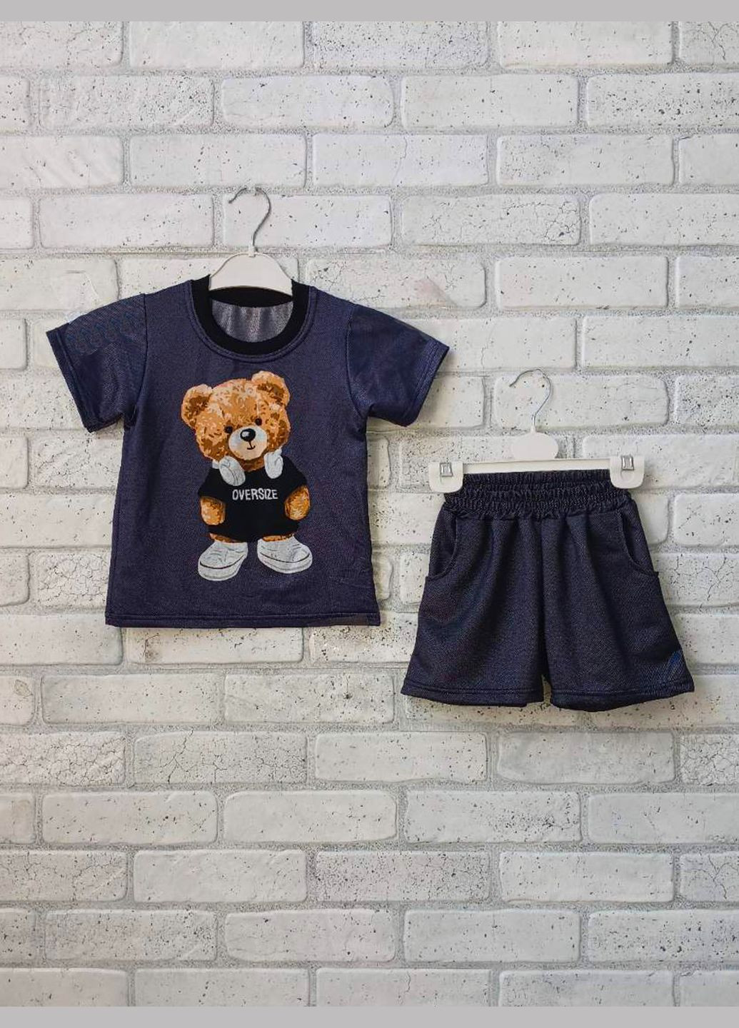 Костюм дитячий літній футболку та шорти з кишенями пояс на гумці (темно синій) накат ведмедик, стрейч джинс No Brand (315352576)