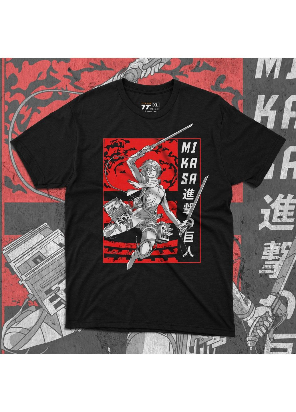 Чорна футболка з принтом атака титанів - мікаса No Brand