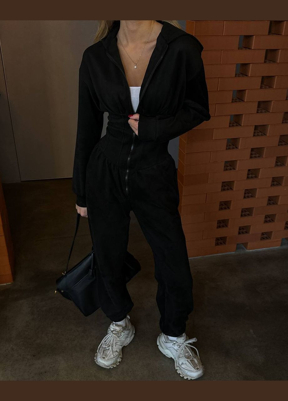 Трендовый комбинезон с имитацией корсета на талии Vakko комбинезон-брюки однотонный чёрный спортивный, повседневный, кэжуал дайвинг, искусственная замша