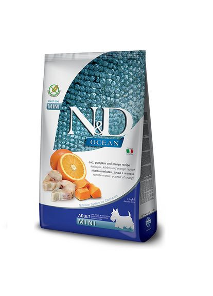 Фарміна сухий корм для собак N&D GRAIN FREE OCEAN COD, PUMPKIN & ORANGE ADULT MINI з тріскою, гарбузом та апельсином, 2,5 кг Farmina (340463385)