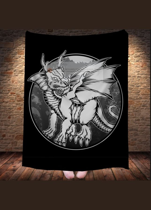 Плед с 3D принтом Дракона в стиле Street Art - Черно-белый Дракон с крыльями Перша Креативна мануфактура PERFECTUS Плед (301868969)