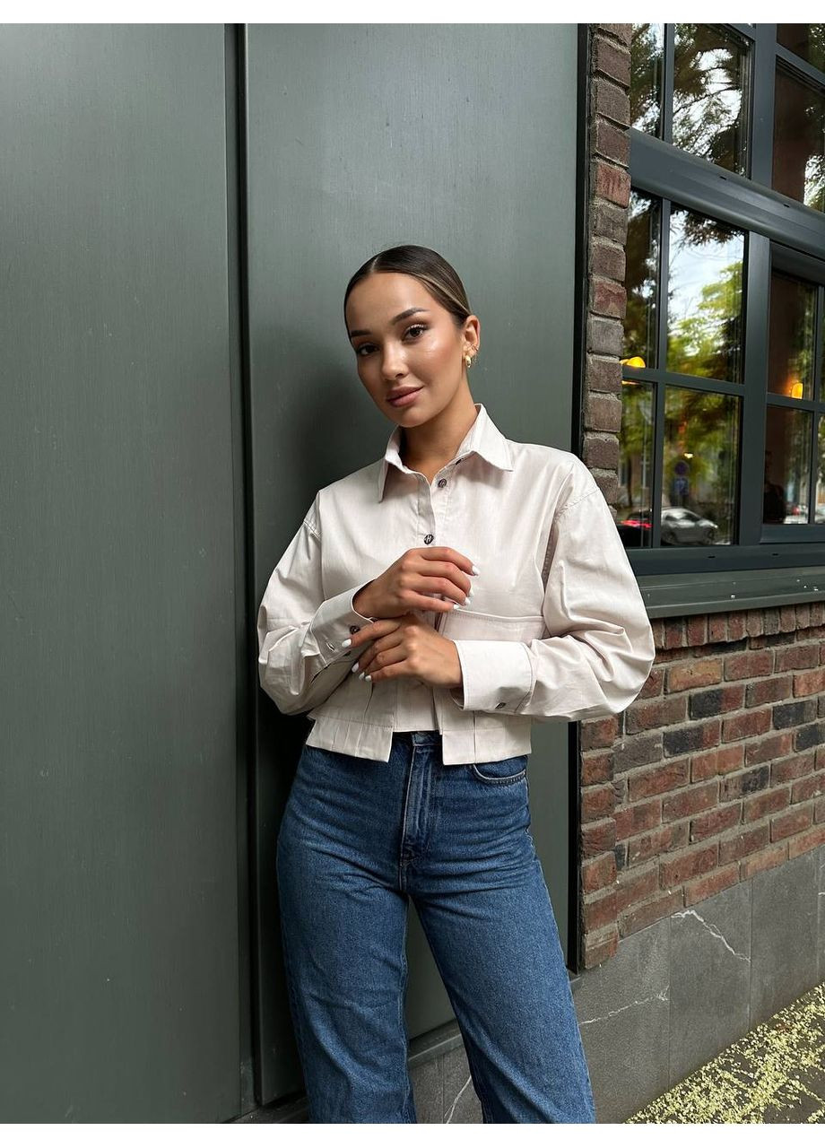 Молочная классическая рубашка однотонная Україна с длинным рукавом