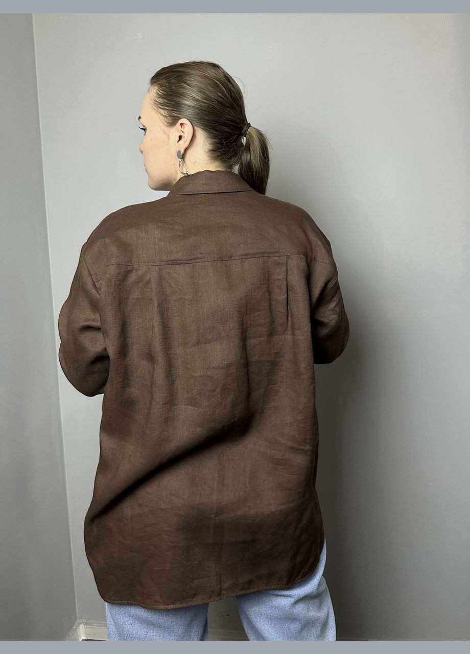 Коричневая демисезонная блуза женская льняная базовая коричневая полубатал mktrg3579-4 Modna KAZKA