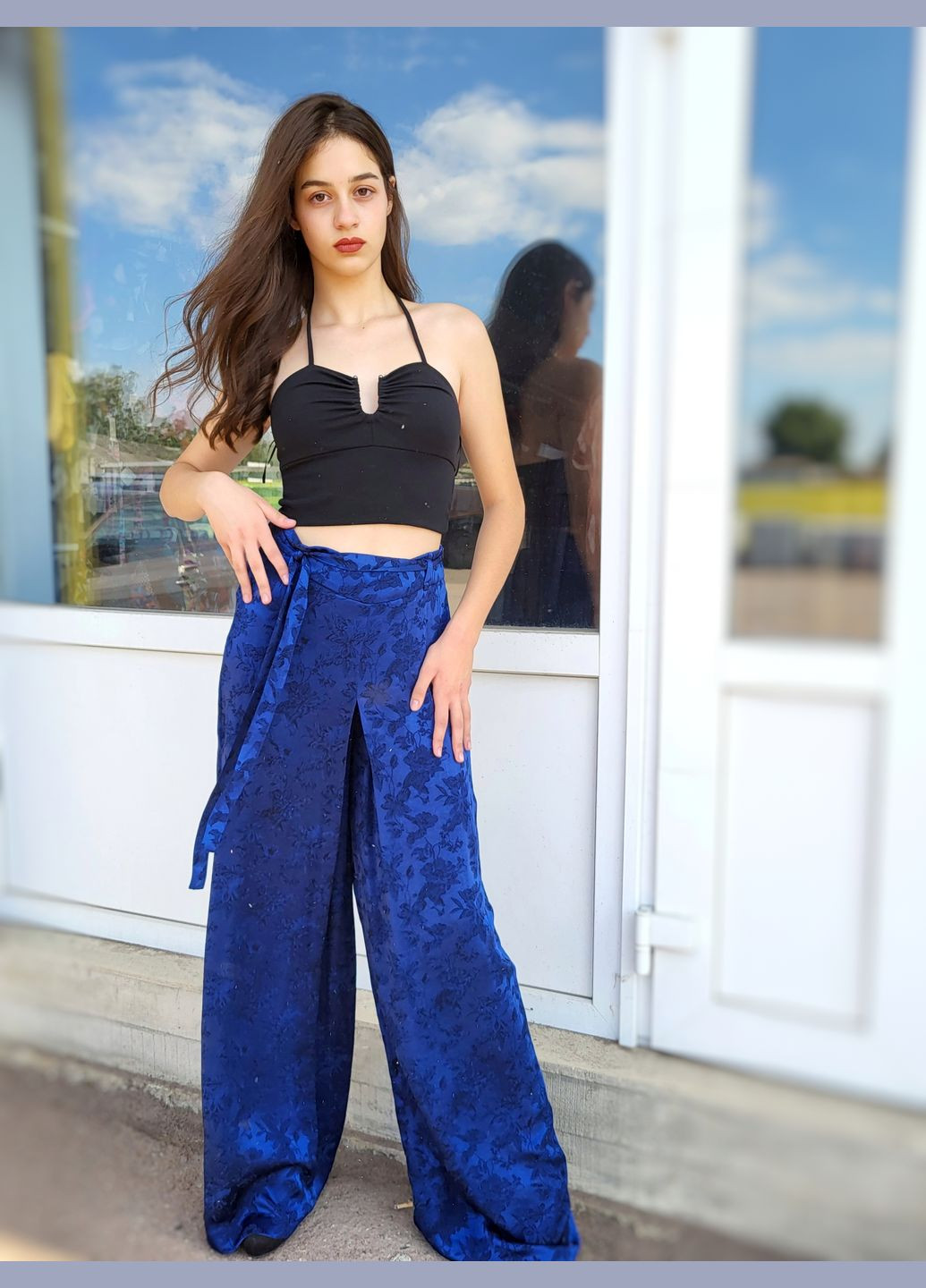 Брюки жіночі сині в квіти Zara (296809046)