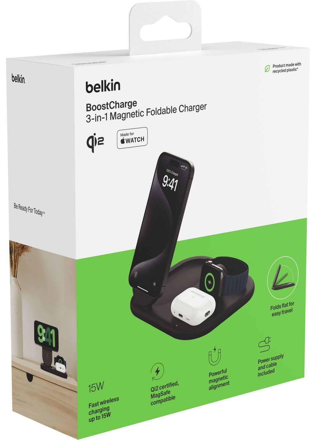 Зарядний пристрій бездротовий 3в1 Magnetic Foldable iPhone/Watch/AirPods, Qi2 15Вт, чорний Belkin (315435732)
