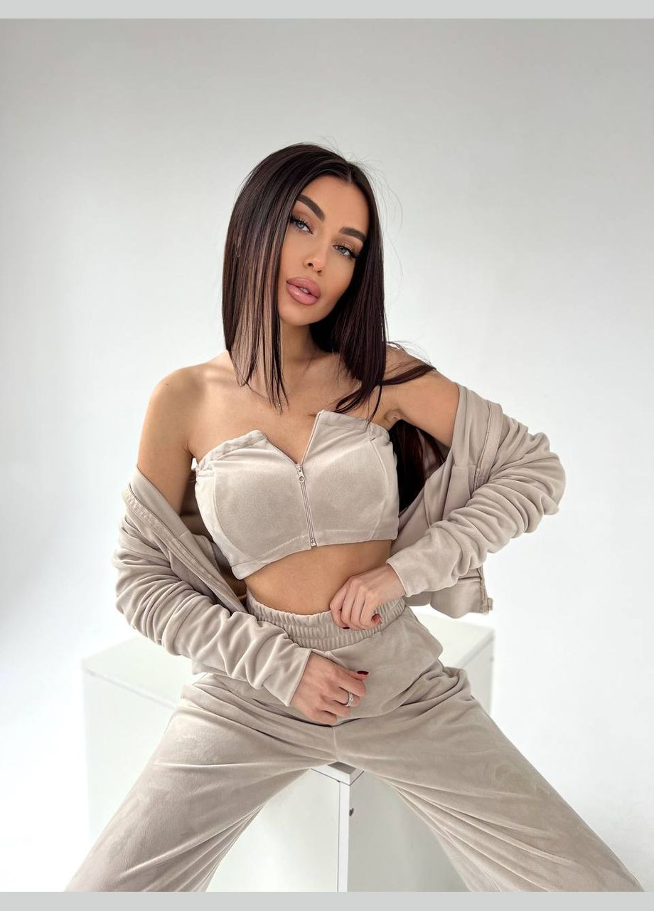 Элегантный бежевый костюм тройка из плюшевого велюра, очень мягенький, тёплый и приятный к телу костюм 3-ка (топ+кофта+штаны) No Brand 671-3 (301842349)