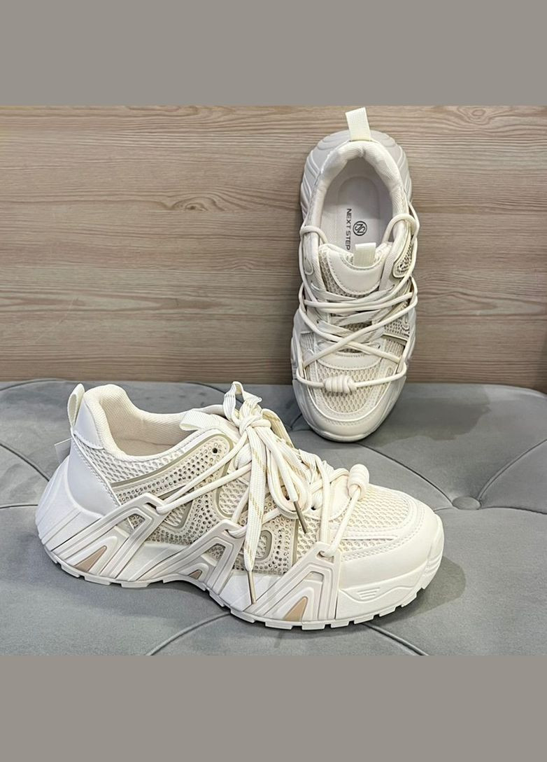 Кроссовки женские бежевые на массивной подошве со шнуровкой и стразами. Fashion бежевые демисезоны (341090049)