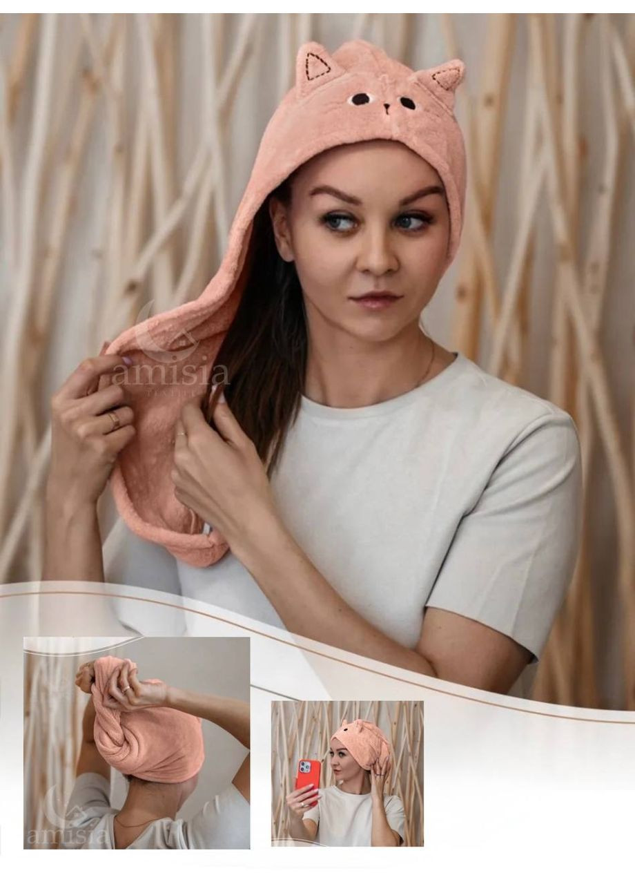 Полотенце тюрбан-чалма для сушки волос Ушки персик No Brand (366978591)