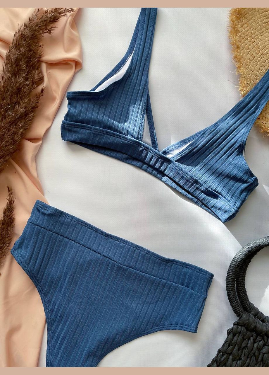 Синій літній базовий стильний купальник з високою посадкою топ, роздільний Vakko