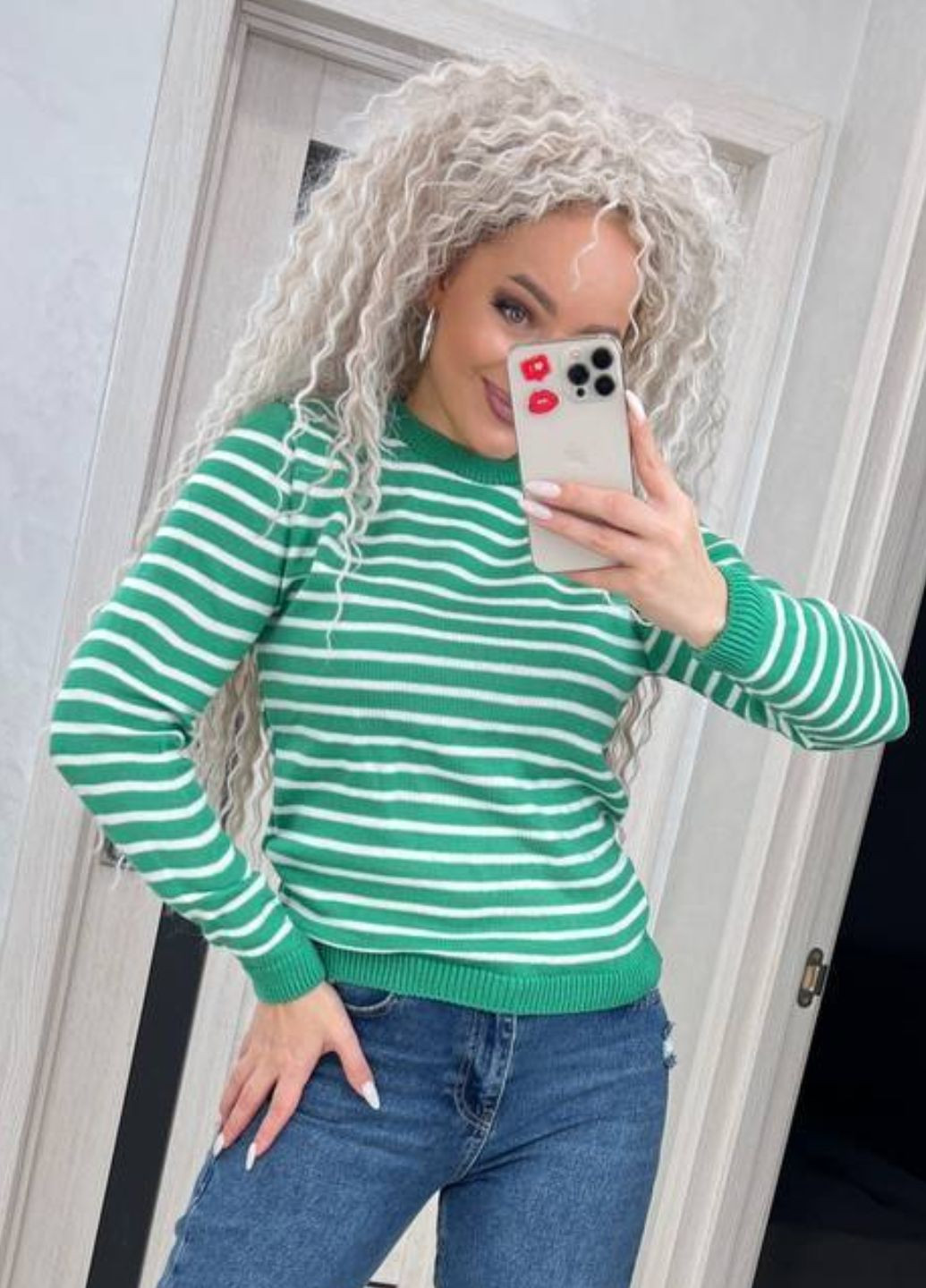 Зеленый демисезонный свитер с круглым воротником в полоску Allthings