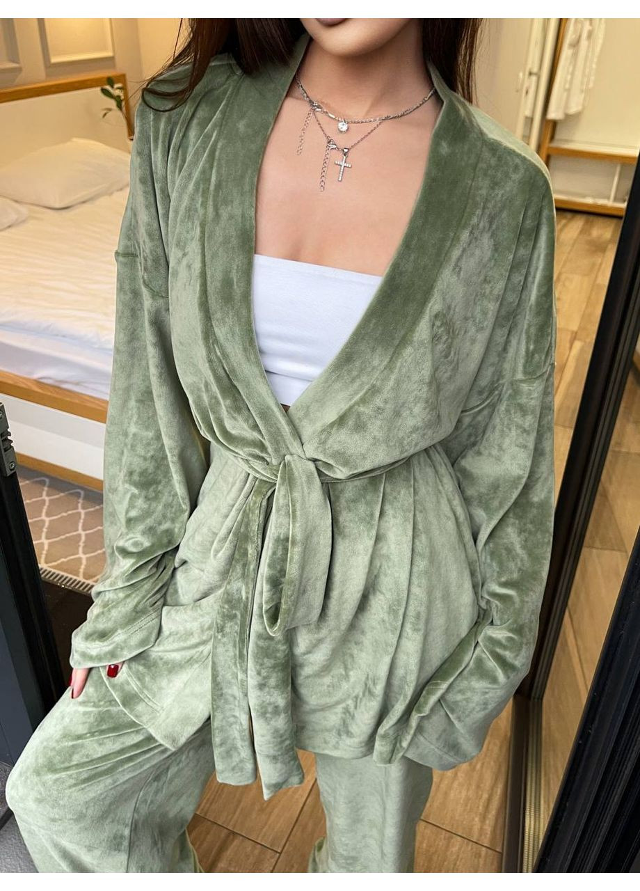 Фисташковая всесезон женский люксовый комплект для дома: кимоно + палаццо + пояс из королевского велюра ✨ замеры в описании свитшот + брюки DK/DL Мода без кордонів