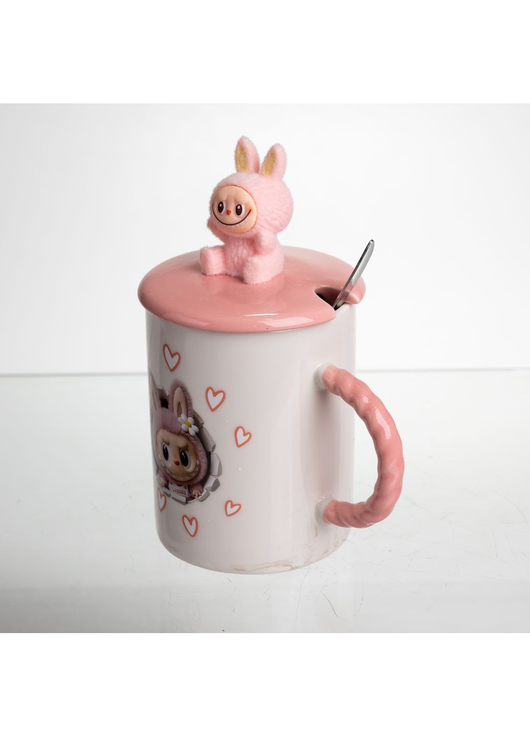 Чашка порцелянова Labubu 300 мл з кришкою і ложкою, рожевий Yiwu (367983853)