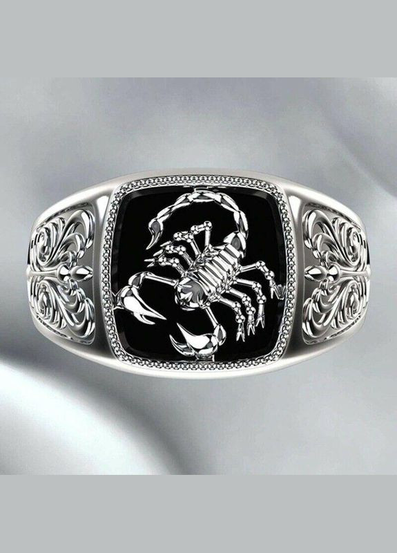 Мужское кольцо в виде серебряного Скорпиона на черном фоне с узором ручной работы размер 20 Fashion Jewelry (285110655)