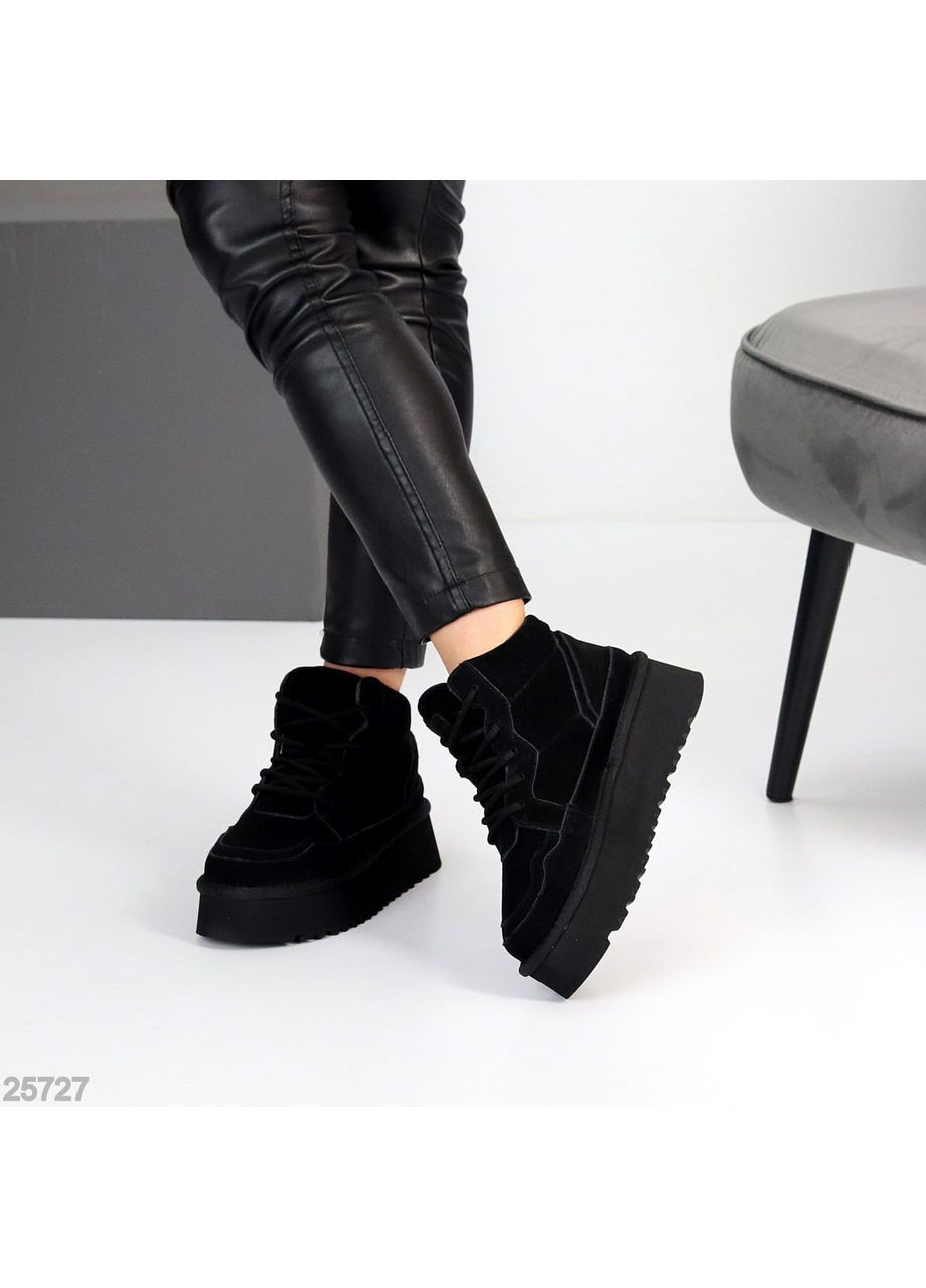 Жіночі зимові уггі на шнурівці Leron, чорні, з натуральної замші, утеплені екохутром No Brand (365756107)