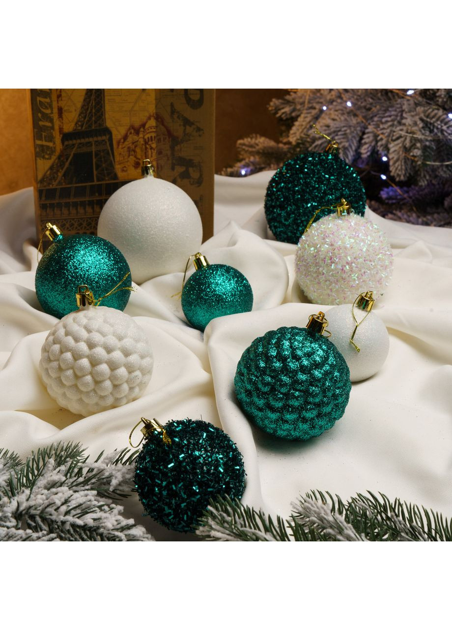Набір ялинкових іграшок куль SGX "Блиск" 40 шт. Смарагдовий. Подарунковий набір новорічних кульок. Кульки на ялинку Yalynkar (366964593)