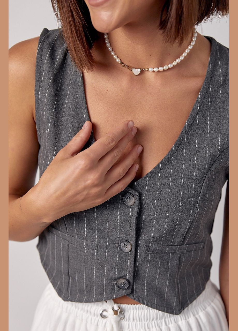 Короткий женский жилет в полоску на пуговицах 87831 Lurex (299266047)