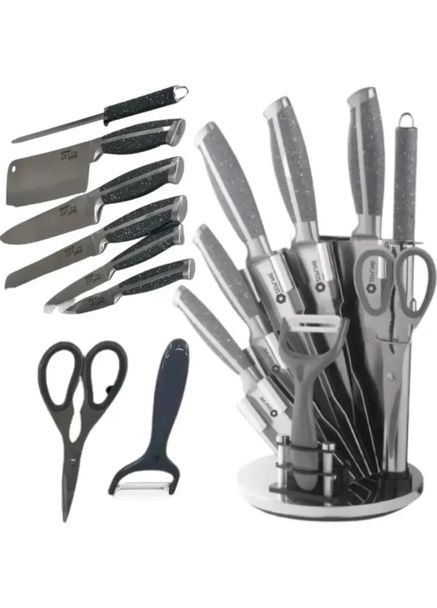 Набор ножей для кухни с подставкой 9 предметов серый (2104618512) Zepline ZP-027 серые, пластик, нержавеющая сталь