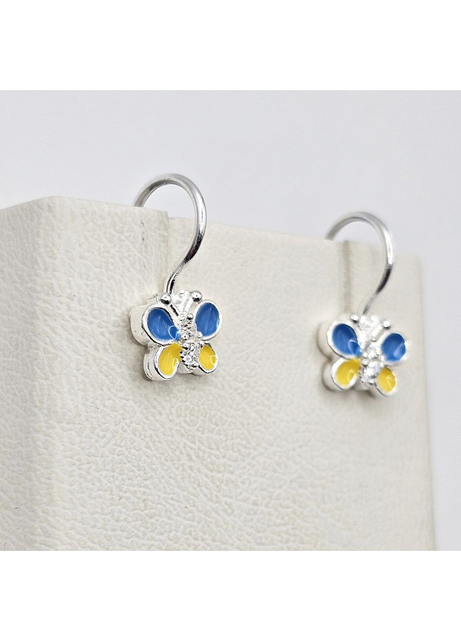 Серьги серебряные с желто-голубой эмалью и кубическим цирконием "Бабочки" 1,53 г No Brand (369736939)