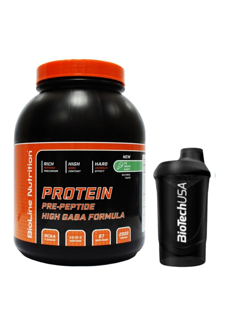 Whey protein bioline 80% білка + gaba (2 кг/ банка) набір м'язової маси + приріст і зміцнення м'язів + Шейкер Морозиво пломбір BioLine Nutrition (402339069)