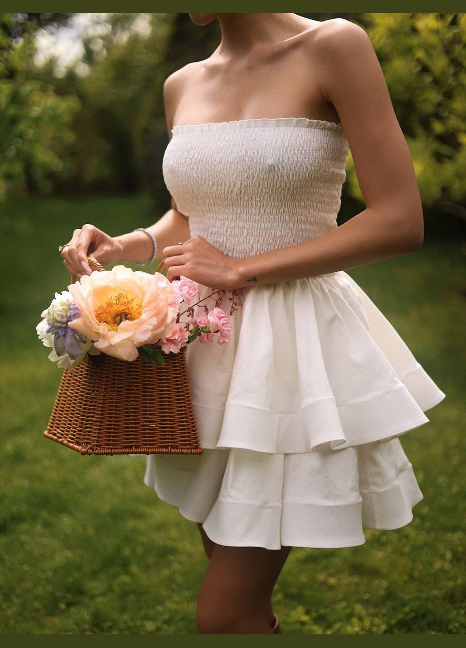 Персикова святковий сукня міні з льону у фасоні бандо бебі долл, бандо MonCher