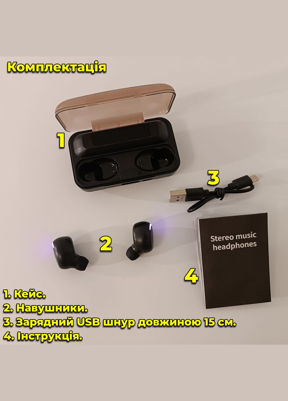 Бездротові навушники сенсорні Bluetooth TWS F9-5 чорні, цифровий індикатор заряду, кейс з PowerBank, 3 пари амбушюр No Brand (327434017)