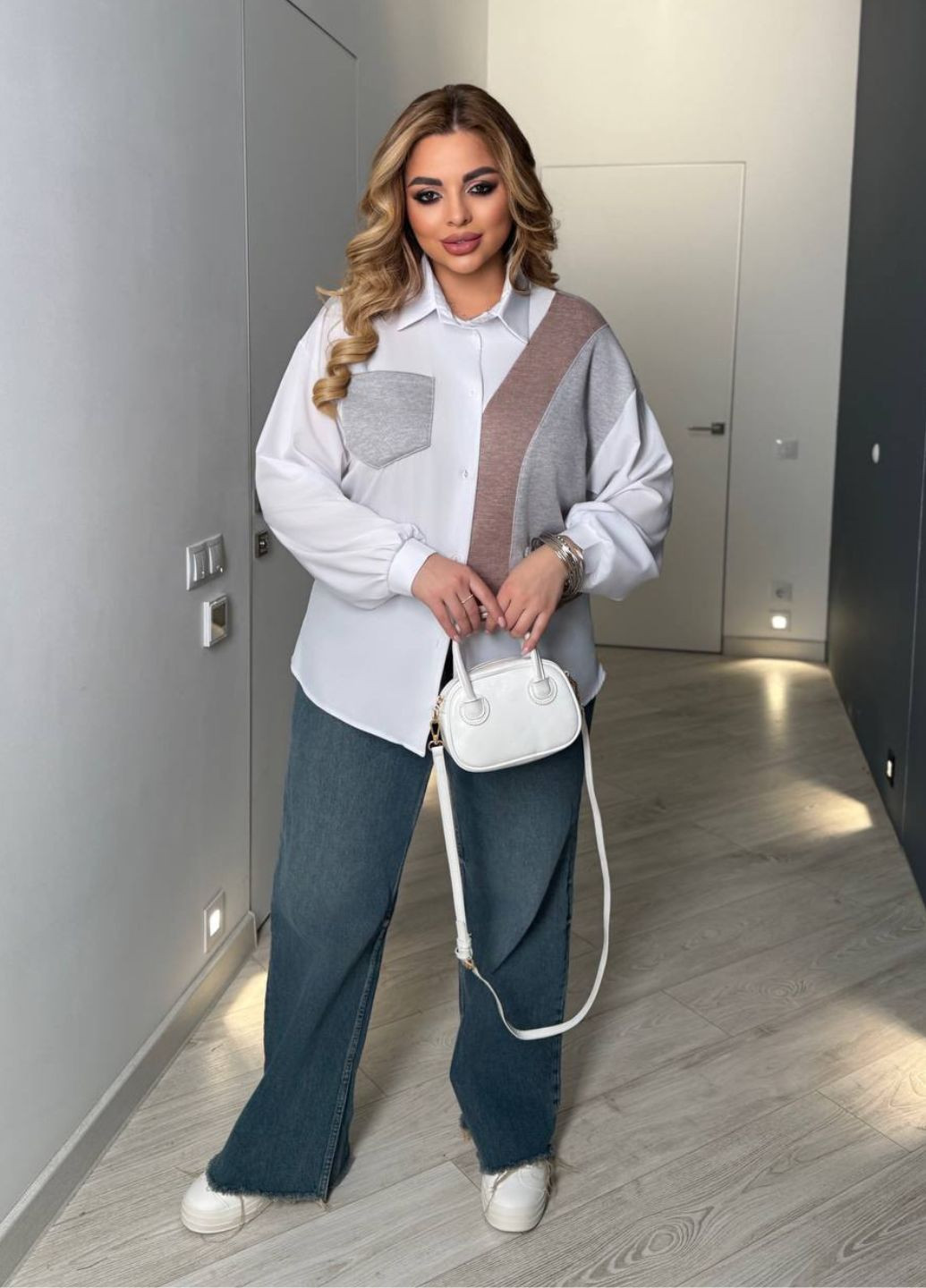 Серо-бежевая кэжуал рубашка колор блок Україна с длинным рукавом