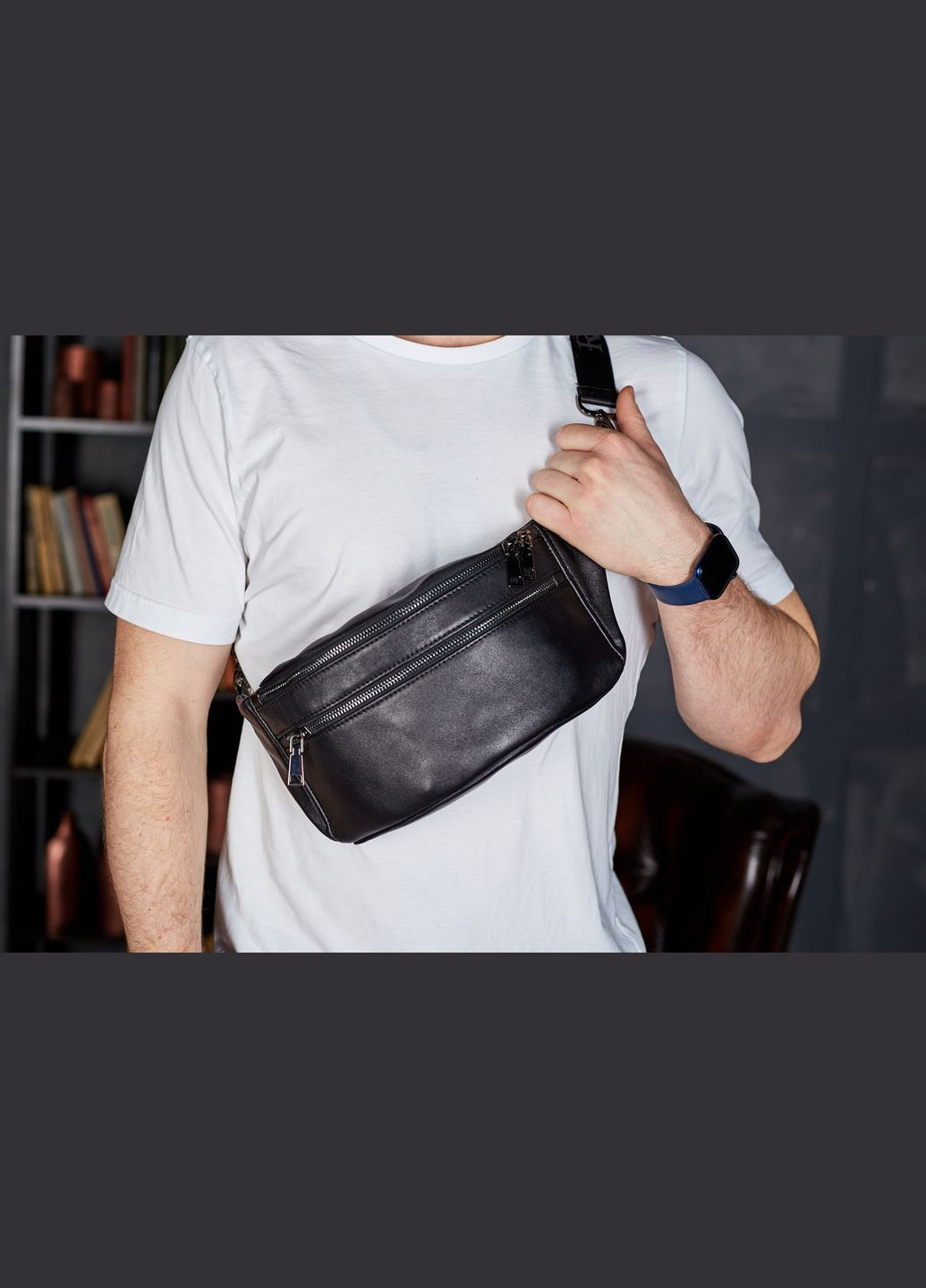 Черная мужская бананка из натуральной гладкой кожи с двумя отделениями и наружными карманами. Tiding Bag (298571640)