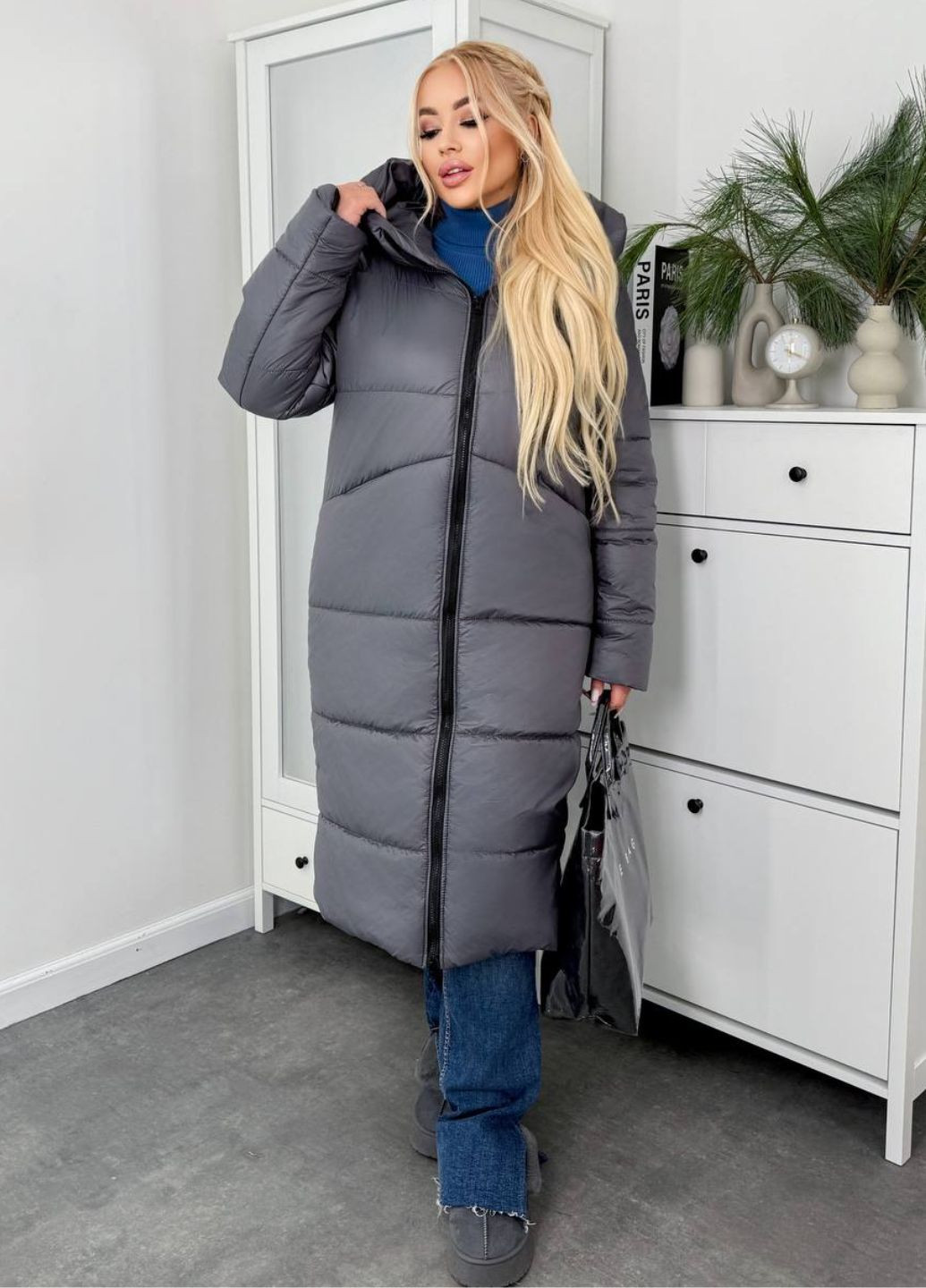 Графітова зимня зимове пальто на блискавці з капюшоном куртка-пальто Tik-Tak