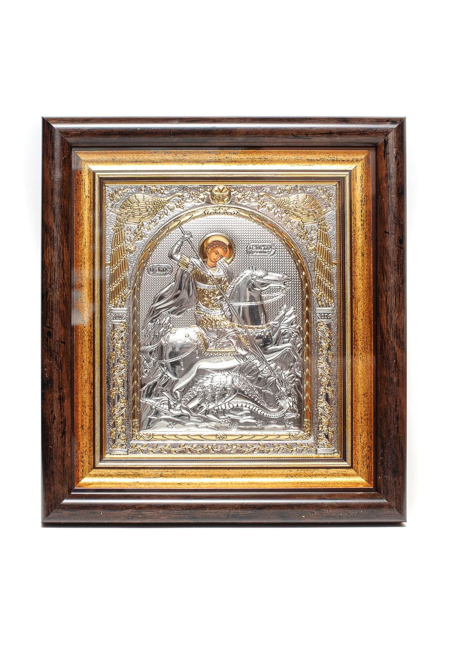 Серебряная Икона Святой Великомученик Георгий Победоносец 25,7х23,3см в прямоугольном киоте под стеклом Silver Axion (265446190)