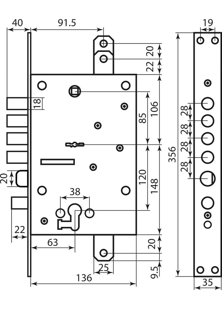 Art. 54797TBDR54 Замок 4-риг с защелкой и допом замком под евроцилиндр Mottura (322520198)