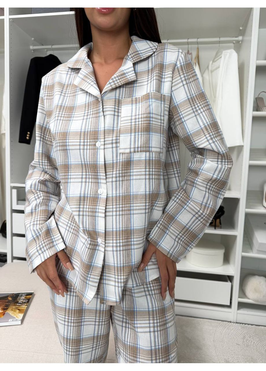 Світло-бежева всесезон жіноча піжама в клітинку сорочка + брюки FINO Mode