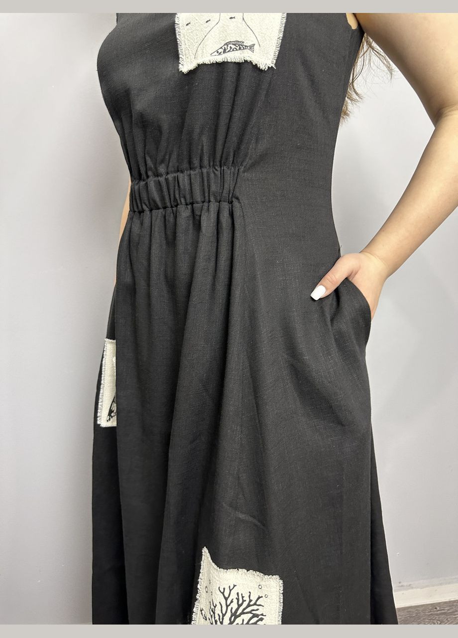 Чорна жіноче плаття літнє плаття з льону чорне mkkc6021-2 Modna KAZKA