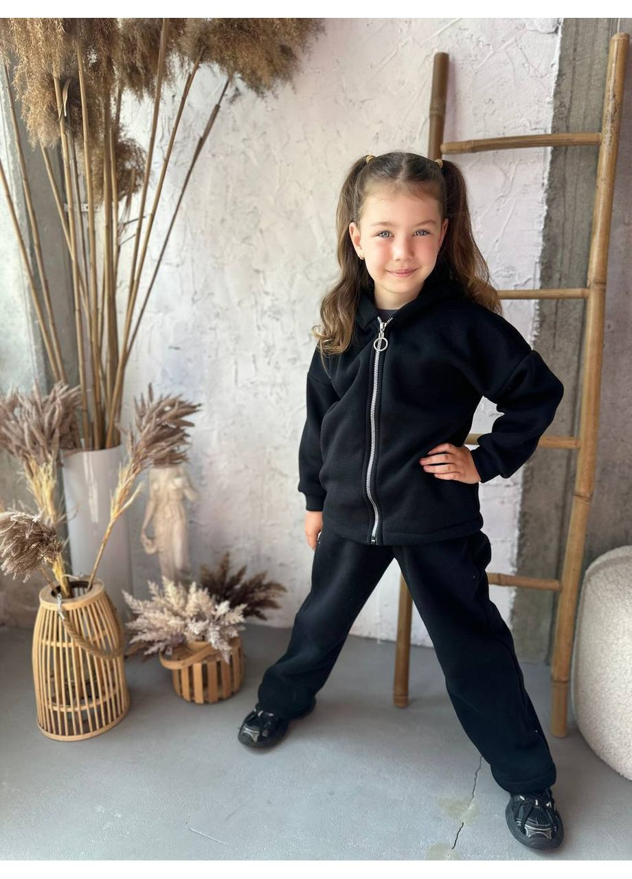 Чорний демісезонний костюм трендовий теплий штани палаццо та кофта на блискавці з капюшоном,трьохнитка на флісі Україна