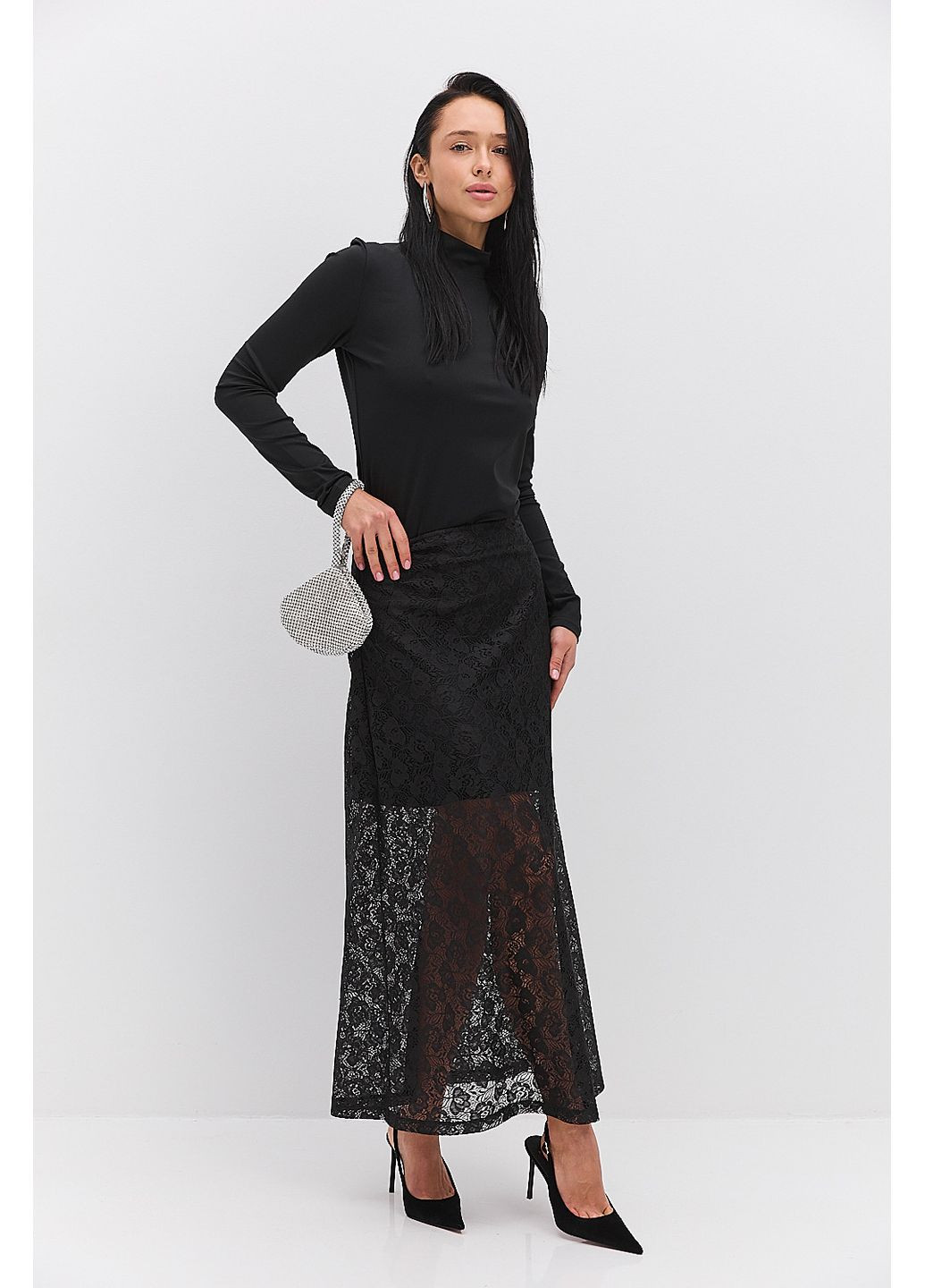 Черная длинная юбка-трапеция из кружева Arjen