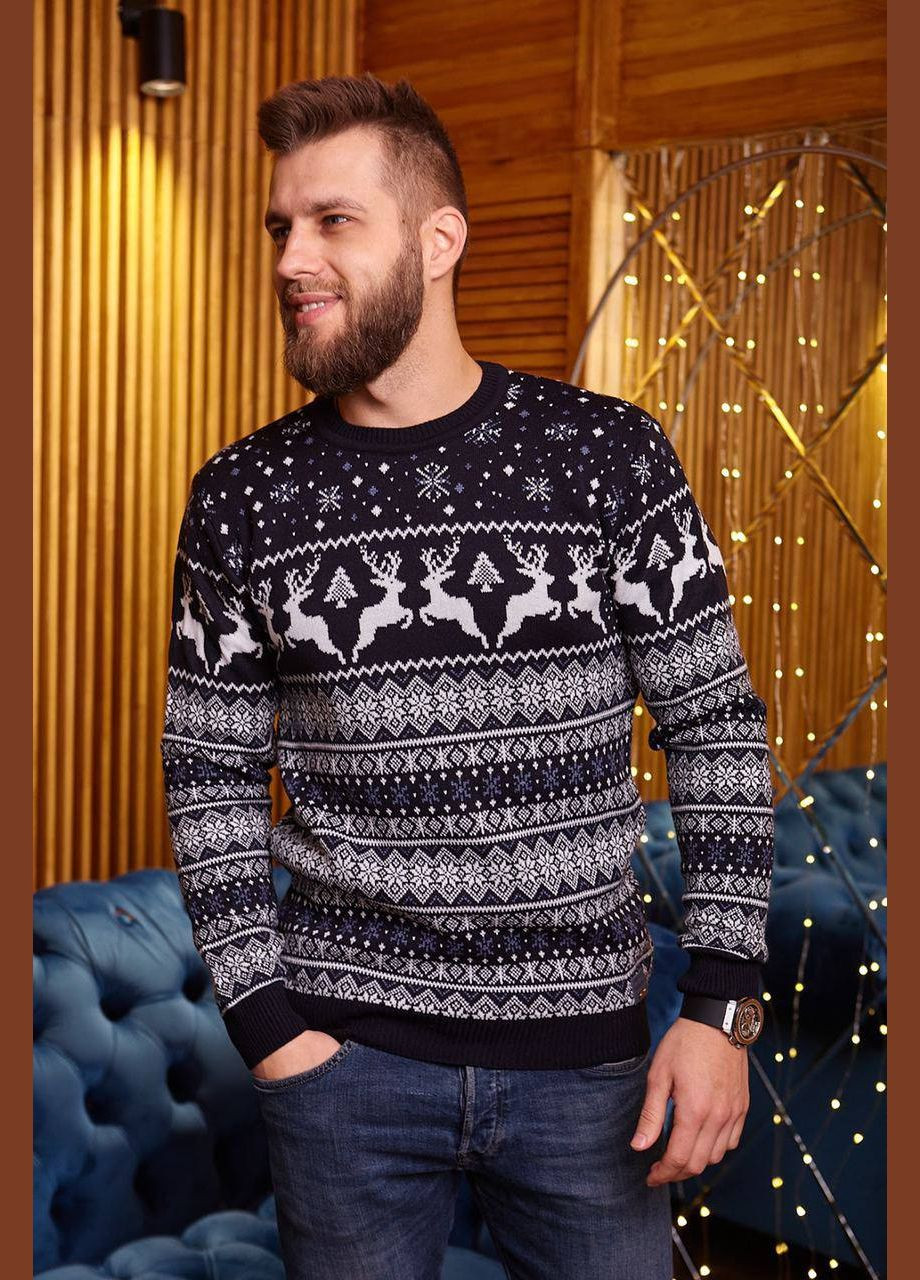 Темно-синий новогодний свитер с оленями No Brand