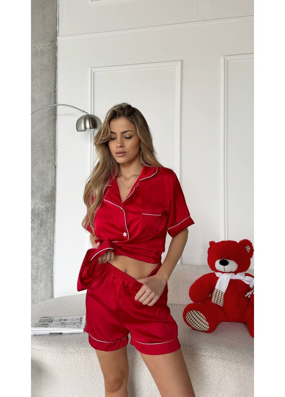 Красная всесезон женская пижама из мягкого шелка армани с укороченными шортами шелк армани | размерная сетка в описании рубашка + шорты Vione