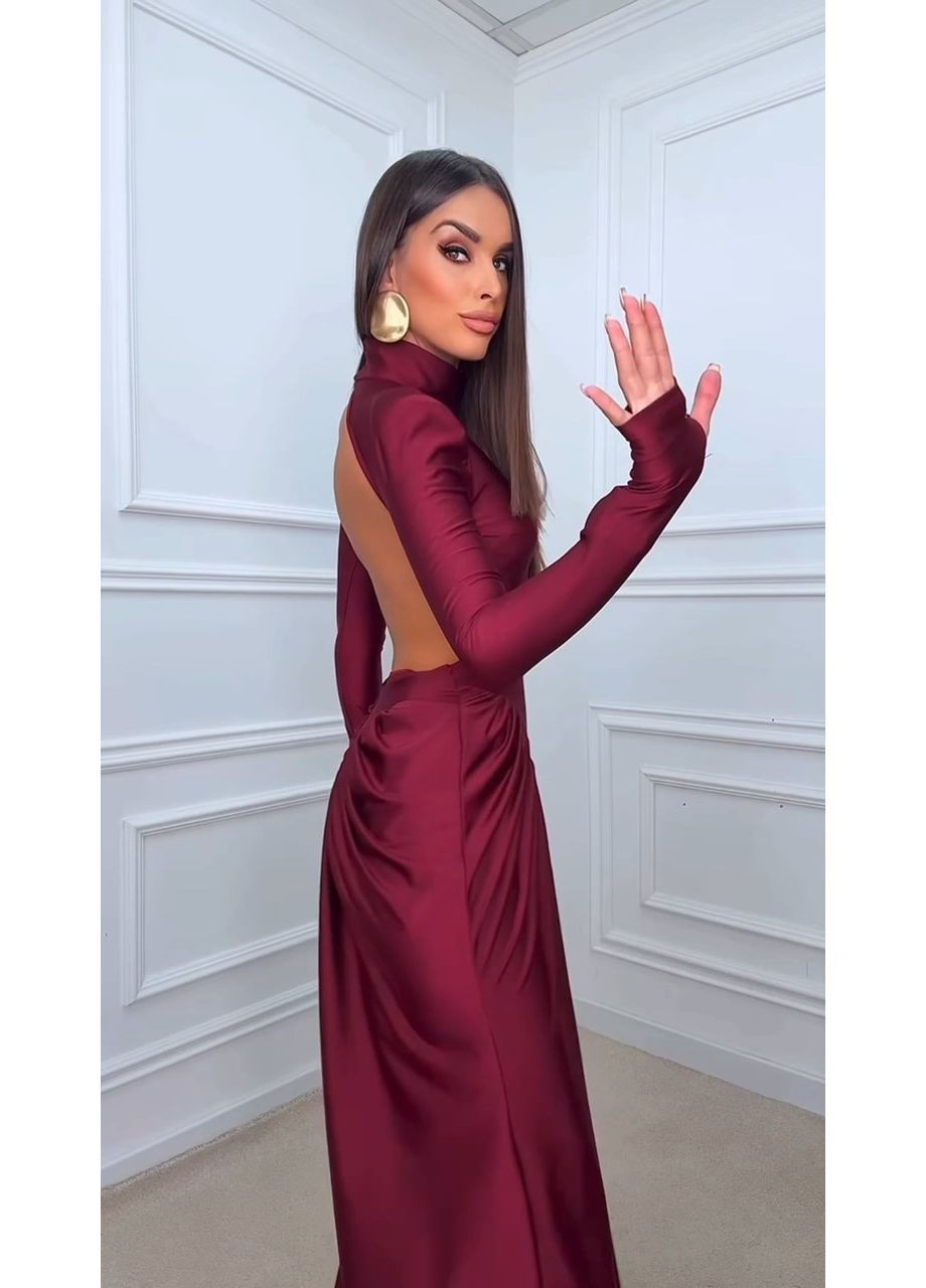 Бордова святковий, вечірня жіноча сукня максі з драпіруванням та відкритою спиною з відкритою спиною MonCher