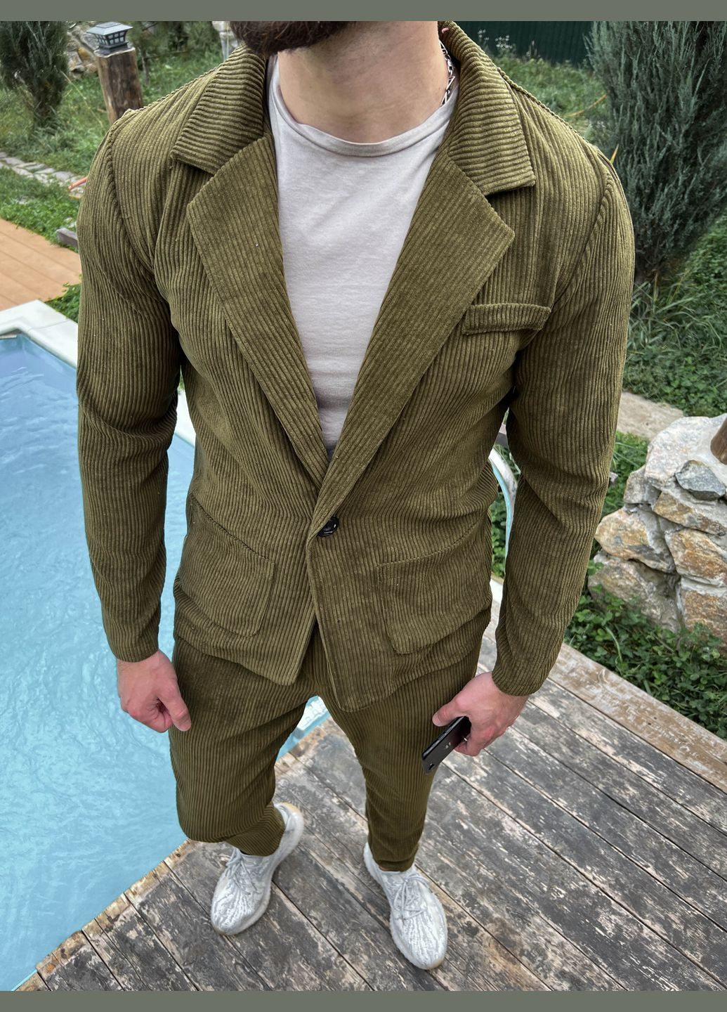 Комбінований демісезонний класичний чоловічий костюм хакі у рубчик No Brand